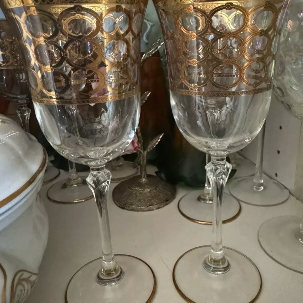7 La Reine Italy Gold Oval Goblet Circles Wine Water Glasses  7.75”